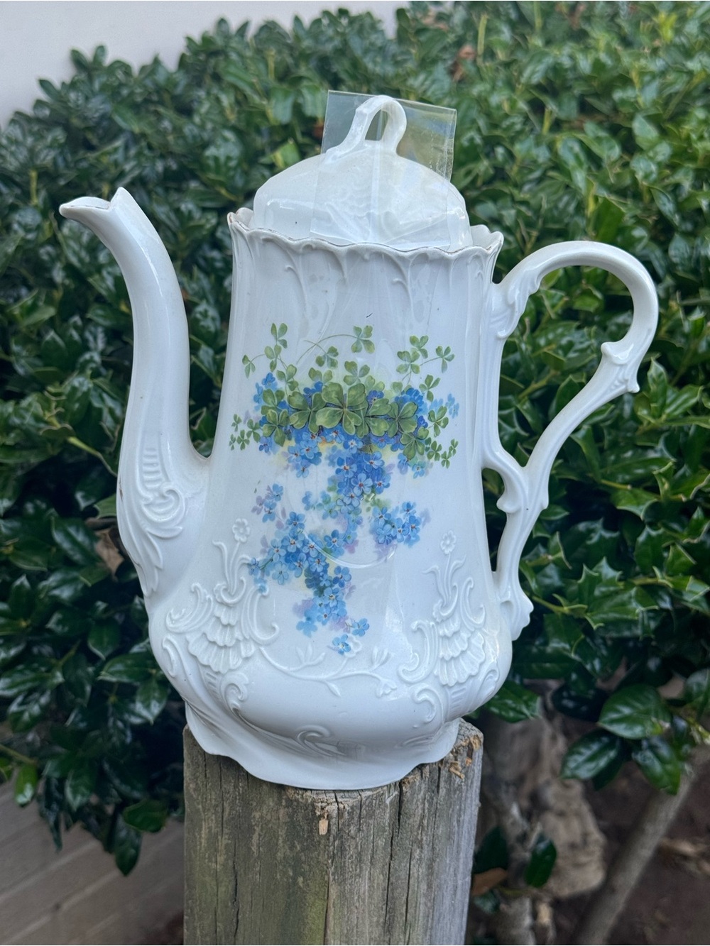 & Other Stories White Porcelain Teapot with Blue Floral and Green Leaf Motif